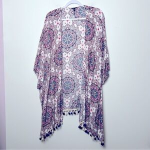 Sami & Jo Colorful Kaleidescope Print Tassel Fringe Oversized Rayon Kimono
